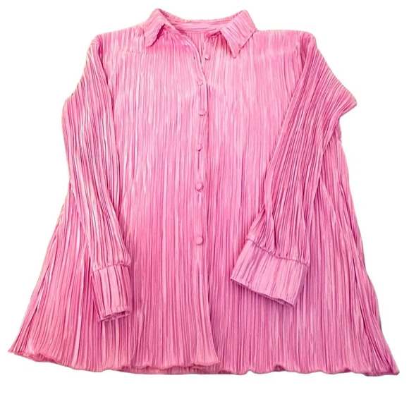 NWOT Y2K Women’s Oversized Plise Pleated Button Down Shirt - Picture 2 of 7